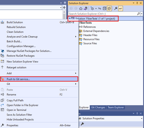 Captura de tela da opção ‘Enviar por push para o serviço Git’ no menu de atalho do Gerenciador de Soluções no Visual Studio 2022.