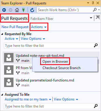 Captura de tela da lista de PR do Team Explorer no Visual Studio.