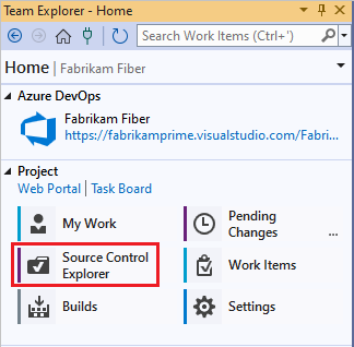 Captura de tela que mostra a Home page do Team Explorer com Source Control Explorer selecionado.
