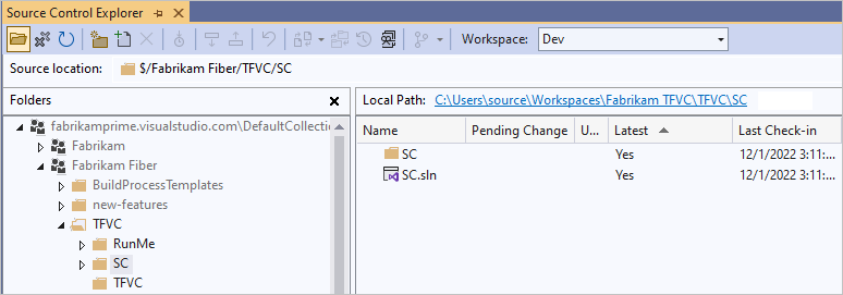 Captura de tela que mostra a solução no Source Control Explorer.