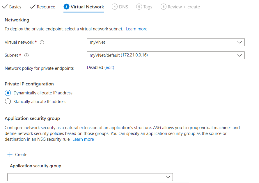 Captura de tela do portal do Azure preenchendo a guia de rede virtual.