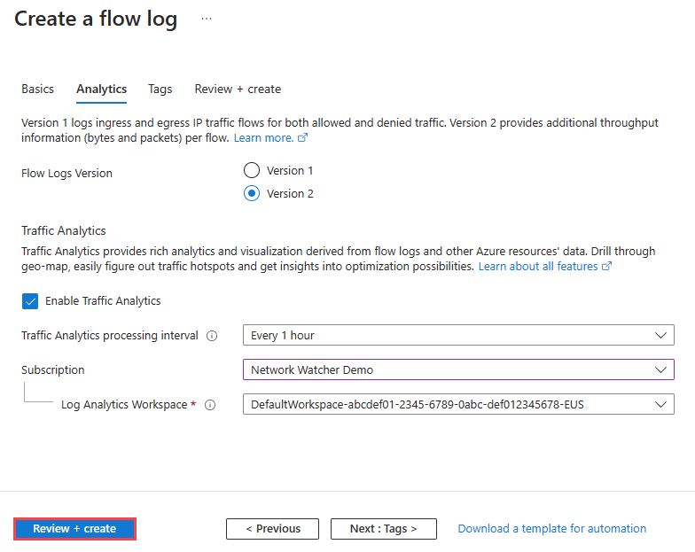 Captura de tela da habilitação da análise de tráfego de um log de fluxo no portal do Azure.