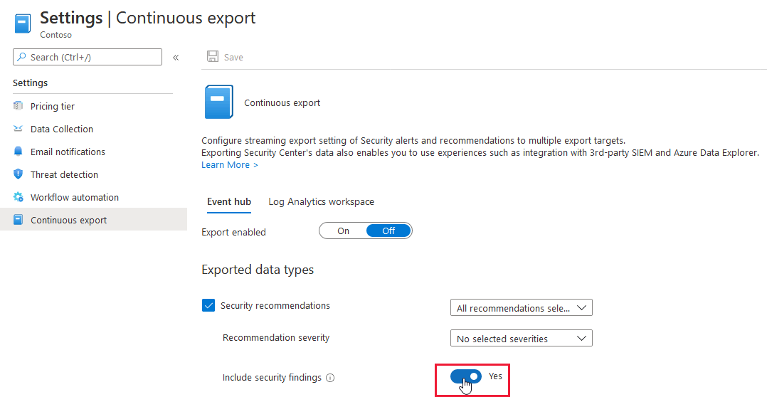 Captura de tela mostrando o botão de alternância para incluir descobertas de segurança em uma configuração de exportação contínua.