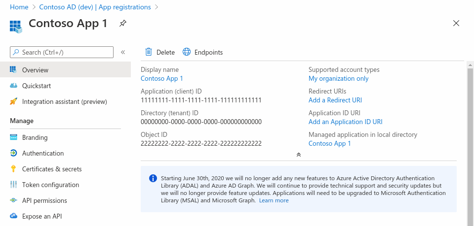 Captura de tela do centro de administração do Microsoft Entra em um navegador da Web, mostrando o painel Visão geral de um registro de aplicativo.
