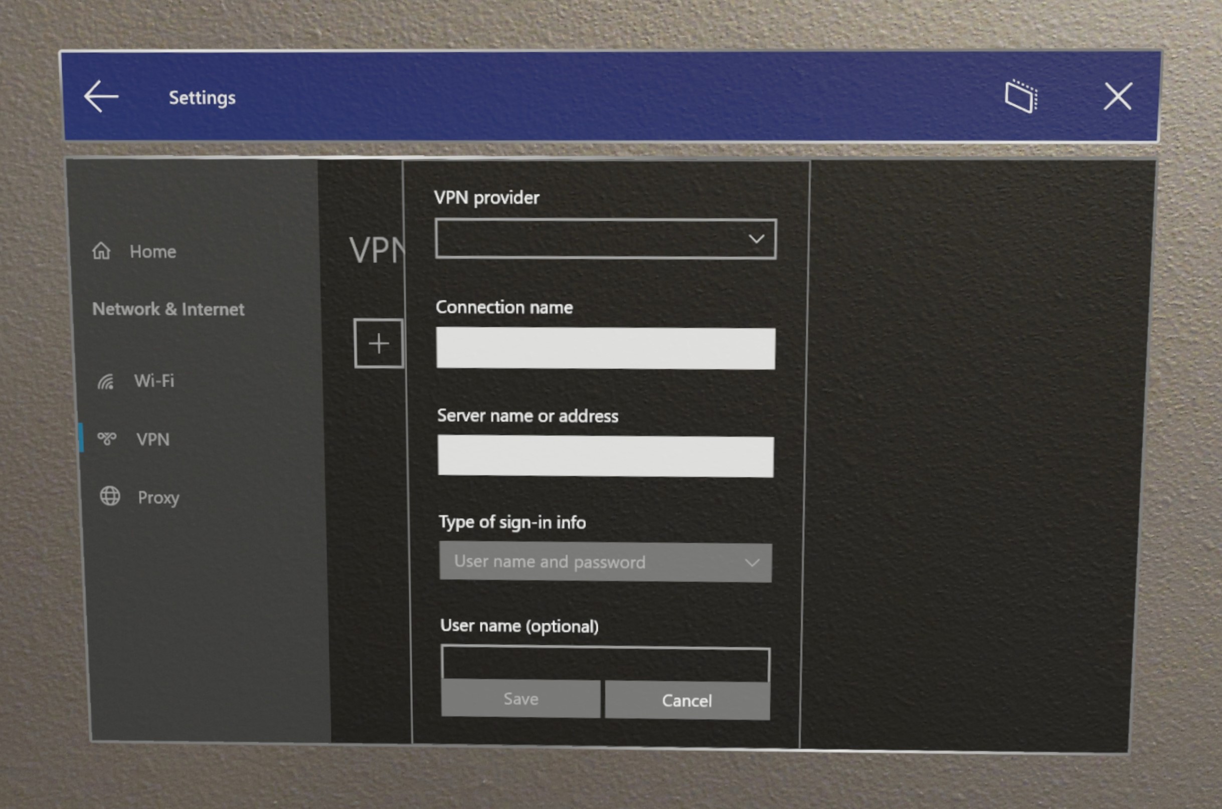 HoloLens VPN settings.