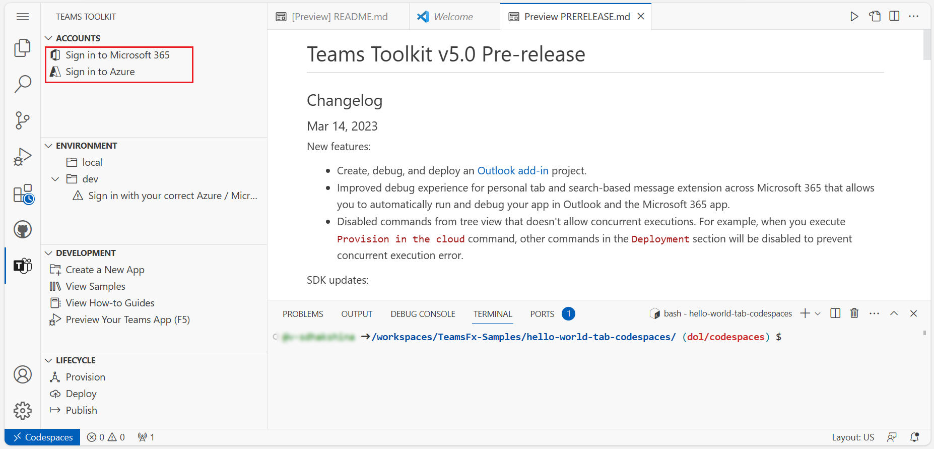 A captura de tela mostra a janela do Teams Toolkit no navegador para entrar.