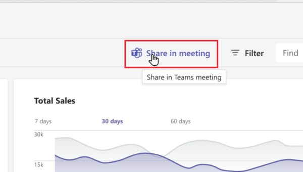 A captura de tela mostra o compartilhamento no botão de reunião no aplicativo Web.