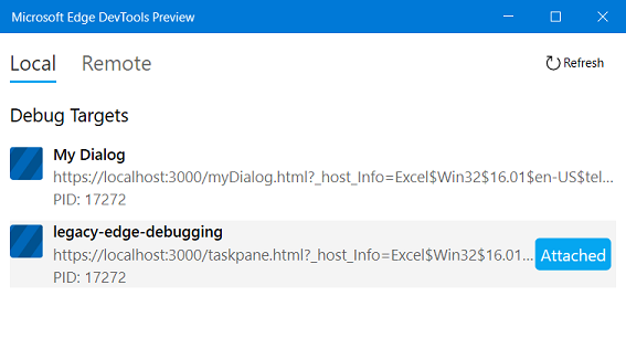 Edge DevTools mostrando um processo chamado Minha Caixa de Diálogo.