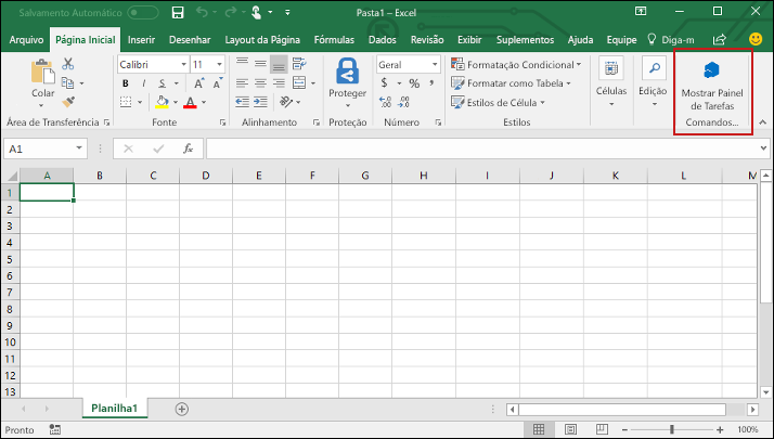 O menu da Página Inicial do Excel, com o botão Mostrar Painel de Tarefas destacado.