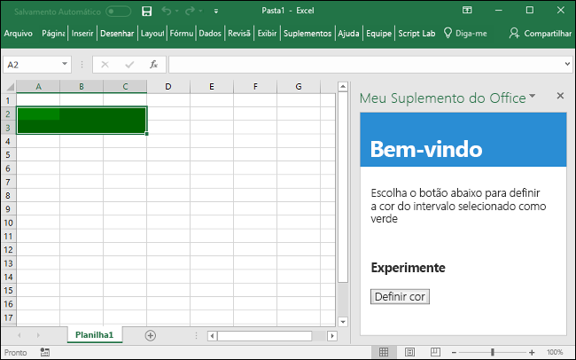 O painel de tarefas do suplemento está aberto no Excel.