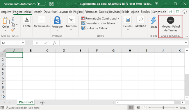 Botão do suplemento do Excel.