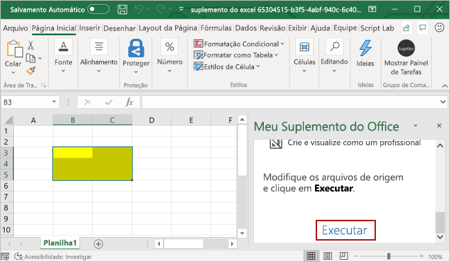 O painel de tarefas do suplemento aberto no Excel, com o botão Executar destacado no painel de tarefas do suplemento.