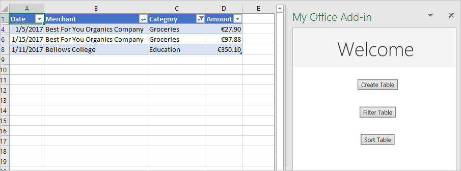 Botões do Excel com Tabela de Filtro e Tabela de Classificação visíveis no painel de tarefas de suplemento.