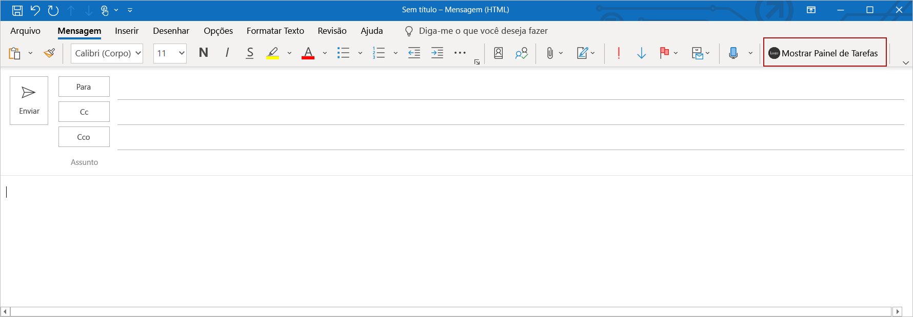 O botão de faixa de opções de suplemento realçado na janela de mensagens de composição do Outlook.