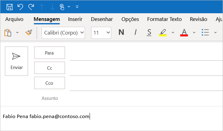 As informações do perfil do usuário na janela de mensagens de composição do Outlook.