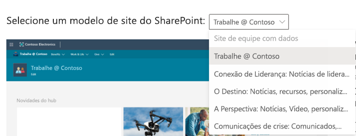 Captura de tela da tela de seleção de modelo do SharePoint