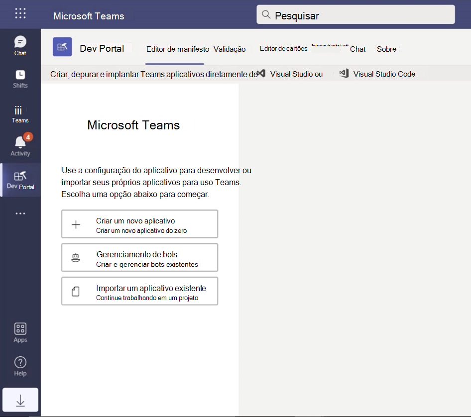 Captura de tela do Portal do Desenvolvedor do Teams