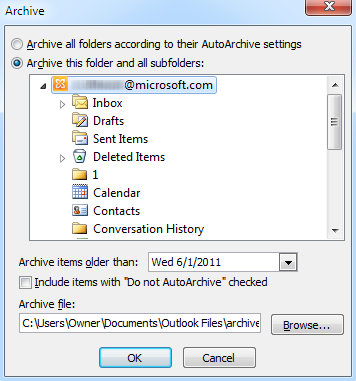 Captura de tela mostra as alterações na caixa de diálogo Arquivo morto.
