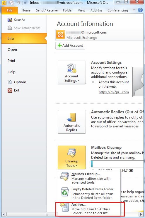 Captura de tela para selecionar a opção Arquivar após selecionar Ferramentas de Limpeza.