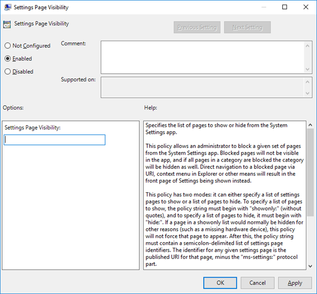 Captura de tela da opção Habilitado na página de configuração Configurações Política de Visibilidade da Página.