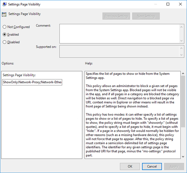 Captura de tela da caixa de entrada de valor na área Opções da janela de configuração da política de visibilidade da página Configurações quando você inssir a cadeia de caracteres acima.