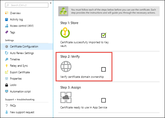 Captura de ecrã do painel 'Configuração do Certificado' com a opção 'Passo 2: Verificar' selecionada.