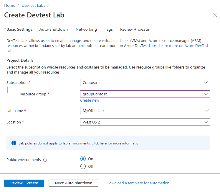 Captura de ecrã do separador Definições Básicas do formulário Criar Laboratórios DevTest.