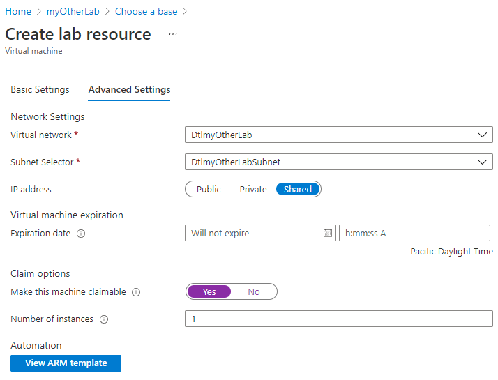 Captura de ecrã do separador Definições Avançadas da página Criar recurso de laboratório.