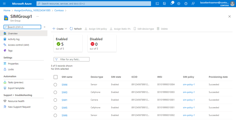 Captura de ecrã do portal do Azure a mostrar um recurso de grupo SIM que contém SIMs.