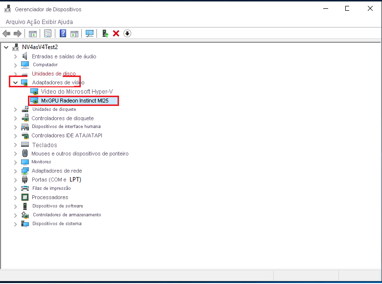 Captura de tela que mostra a configuração bem-sucedida da placa Radeon Instinct MI25 em uma VM Azure NVv4.