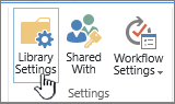 Botões de Configurações da Biblioteca do SharePoint na Faixa de Opções.