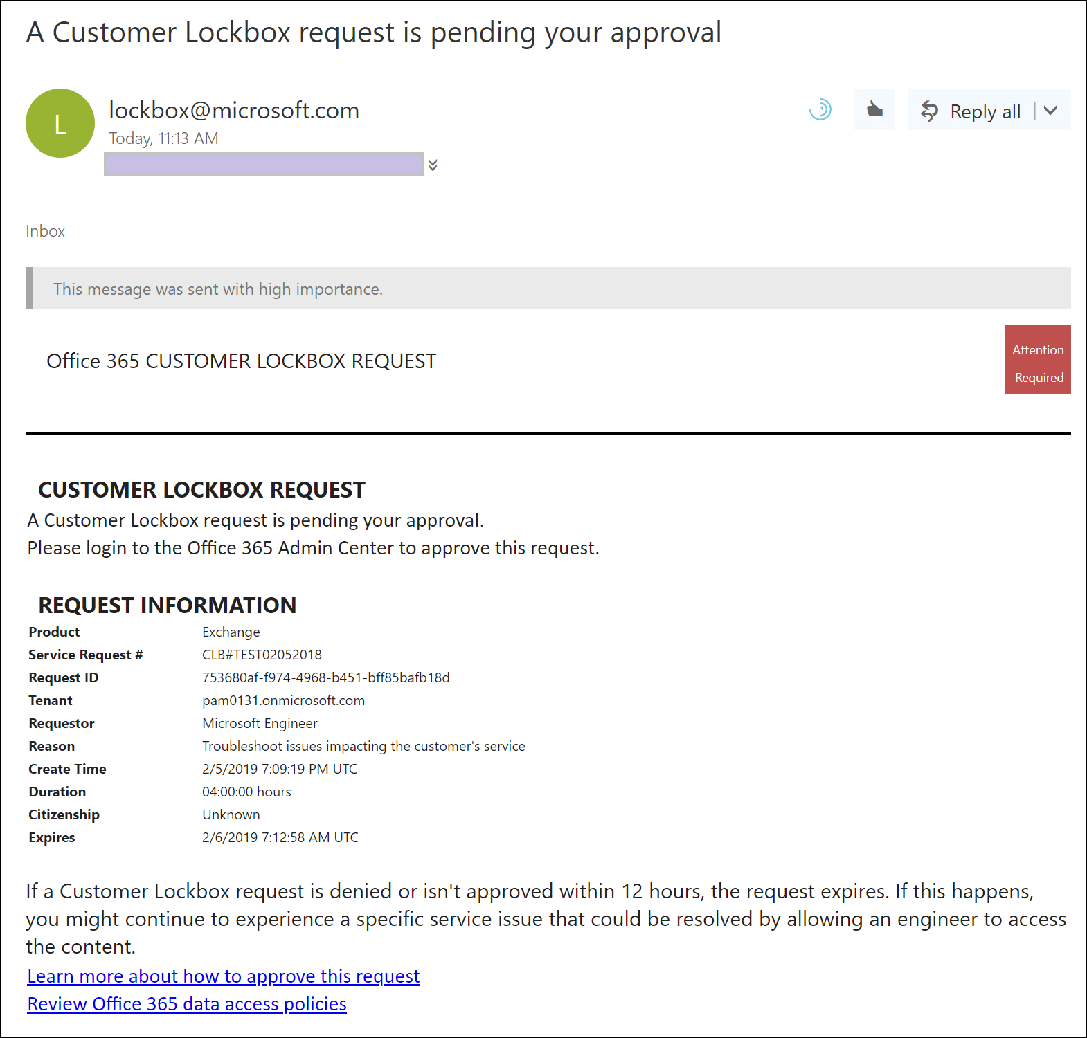 Exemplo de uma notificação de email da Caixa de Bloqueio do Cliente.