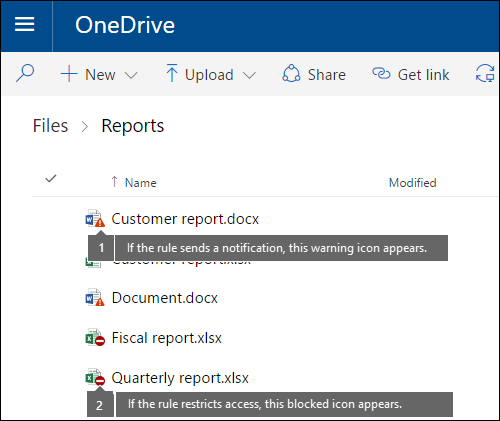 Ícones de dica de política em documentos em uma conta do OneDrive.