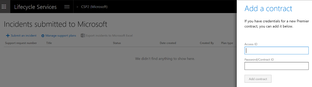 Captura de tela do submenu Adicionar um contrato na página Incidentes enviados à Microsoft.