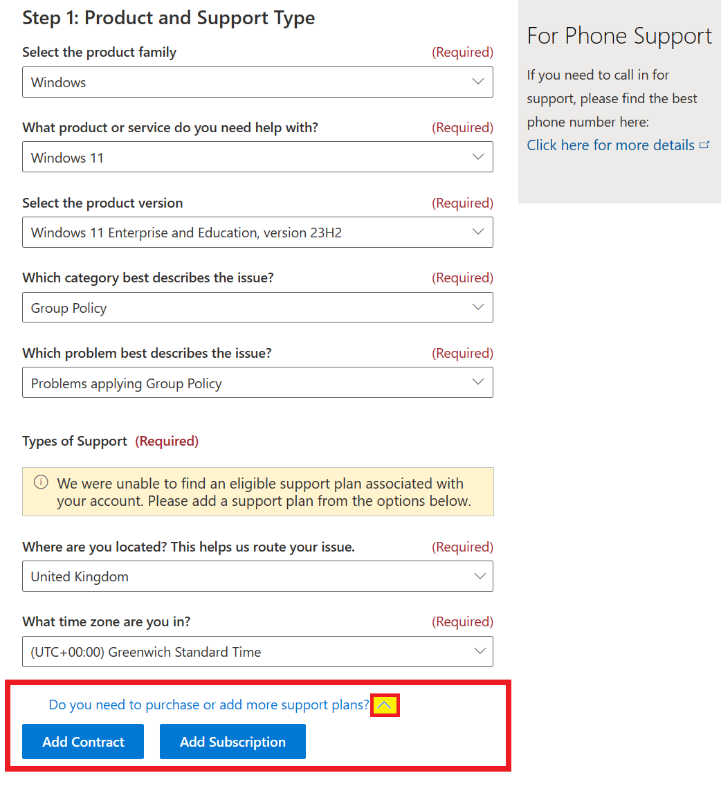 Captura de ecrã do ecrã Criar um novo pedido de suporte, com os botões Adicionar contrato e Adicionar Subscrição realçados