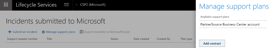 Captura de tela do submenu Gerenciar planos de suporte na página Incidentes enviados à Microsoft.