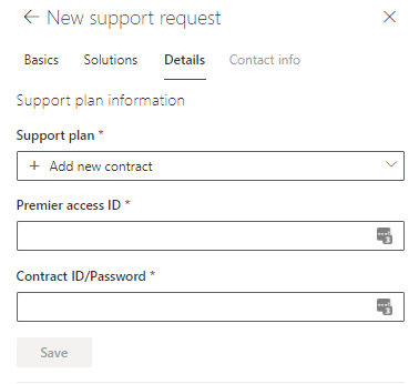 Captura de ecrã do painel Novo pedido de suporte no separador Detalhes.