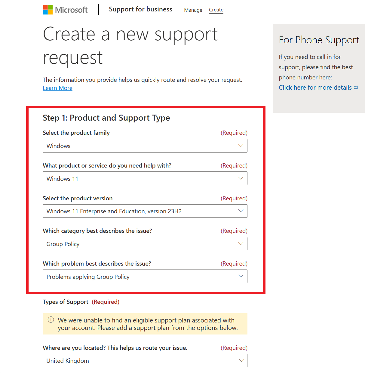 Captura de ecrã da página Criar um novo pedido de suporte, com o Windows 11 selecionado. Neste exemplo, não há tipos de suporte disponíveis.