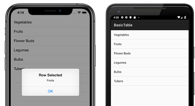 Capturas de tela do aplicativo Xamarin de exemplo no iOS e no Android