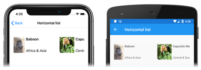 Captura de tela de um layout de lista horizontal CollectionView, no layout da lista horizontal iOS e Android