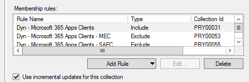 Captura de tela do Configuration Manager mostrando o assistente para incluir e excluir coleções com coleções criadas anteriormente.