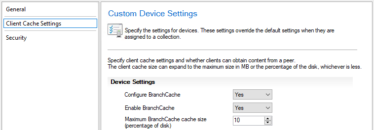 Configurações de dispositivo personalizadas para BranchCache.