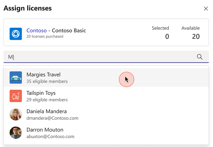 Captura de tela que mostra a caixa de diálogo Atribuir licenças com a lista de equipes a atribuir licença.