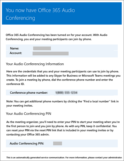 Exemplo de uma mensagem de email de Conferência de Áudio.