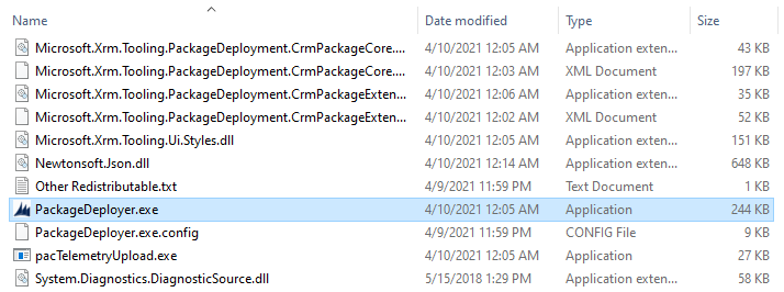 Captura de tela mostrando PackageDeployer.exe selecionado.