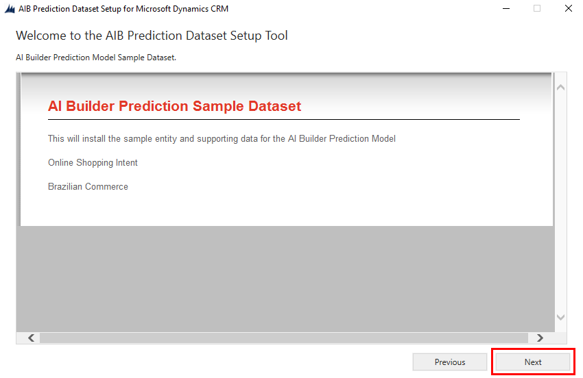 Captura de tela da instalação do conjunto de dados de exemplo de previsão do AI Builder.