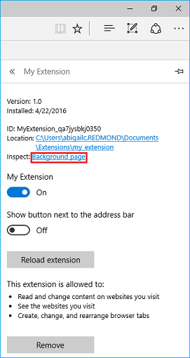 selected extension view of options with inspect link