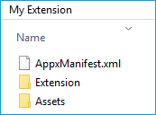 image of folder structure. Inside My Extension folder is AppxManifest.xml, Extension folder, and Assets folder