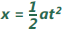 image: equation, x equals one-half a t squared