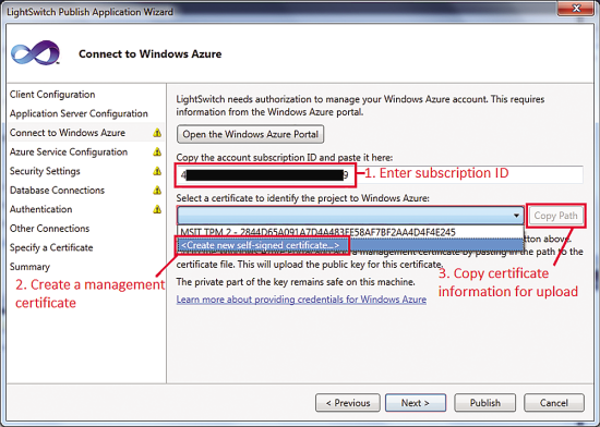 Connecting to Windows Azure in the LightSwitch Publish Wizard